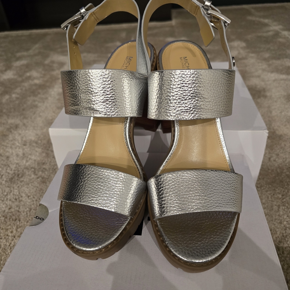 Michael Kors Silver Metallic Leather Block Heel Sandals